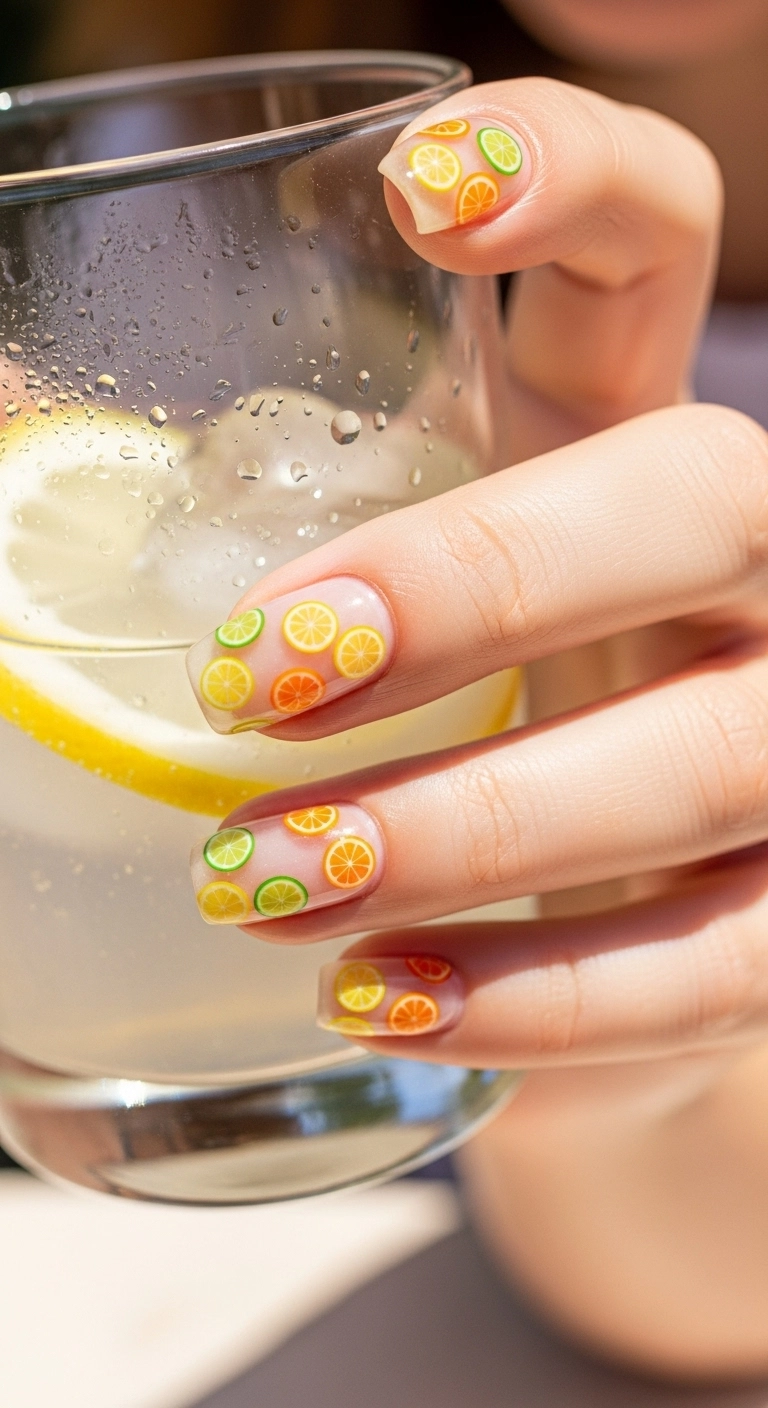 A hand with clear nails that have tiny 3D citrus slices embedded in them.