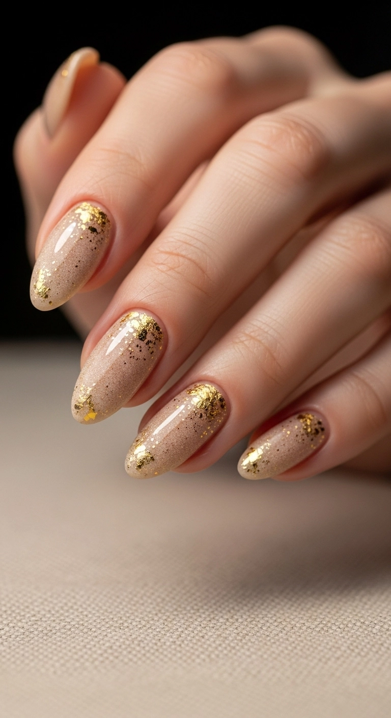 A close-up of sandy beige nails with gold flakes near the cuticles.