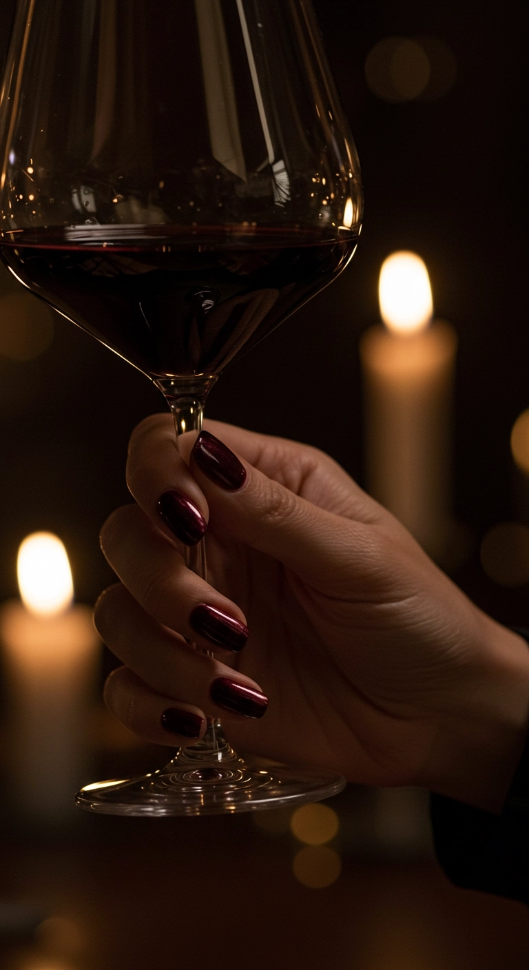 A close-up of nails with a deep burgundy magnetic polish that creates a velvet-like texture.