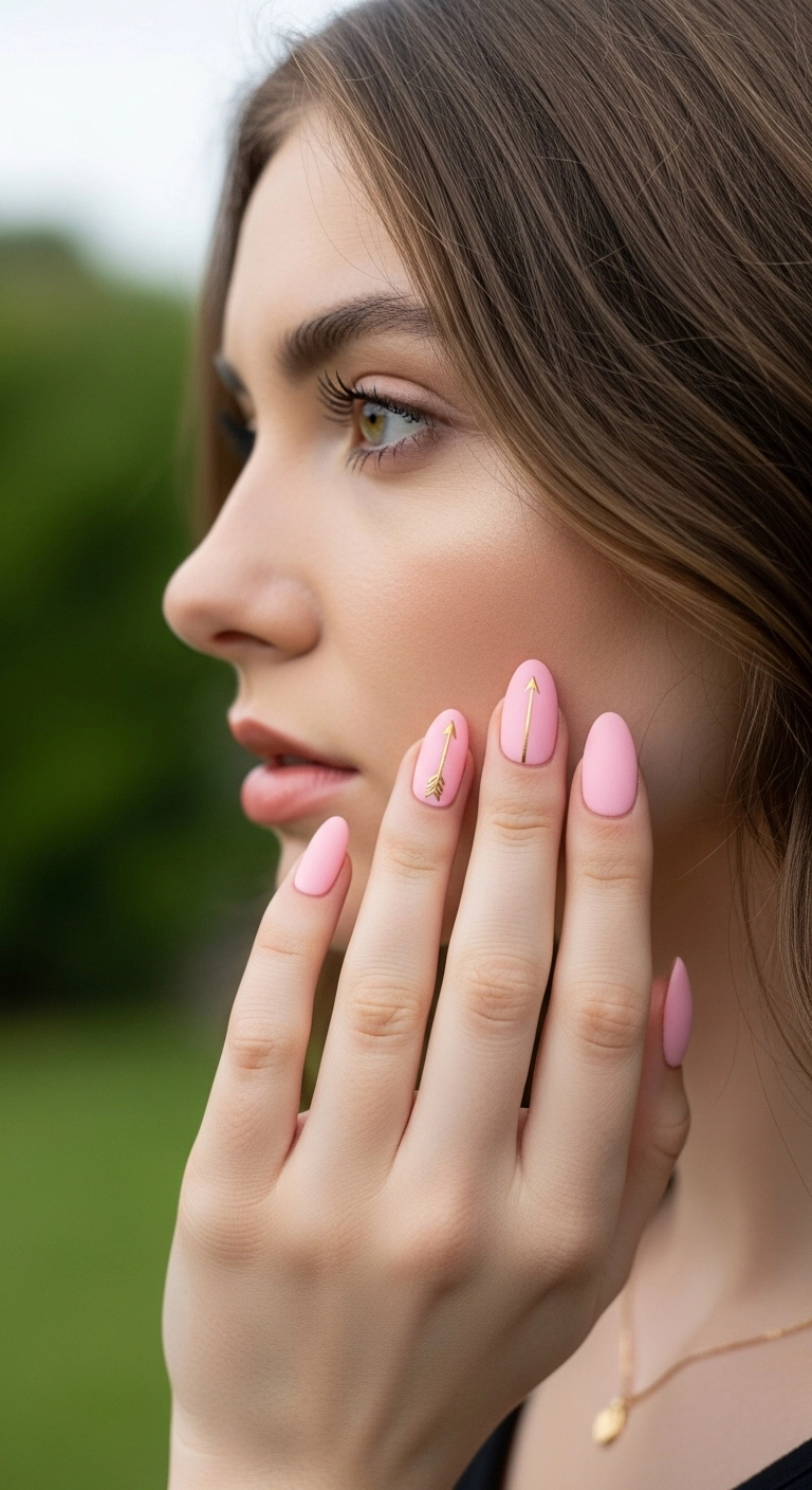 Matte baby pink nails with a delicate gold cupid's arrow painted across two nails.