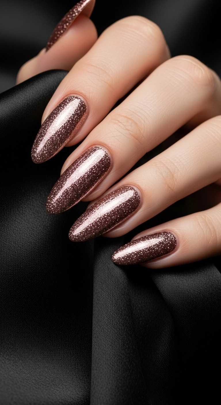 Long almond-shaped nails covered in a sparkling, high-shine rose gold glitter polish.