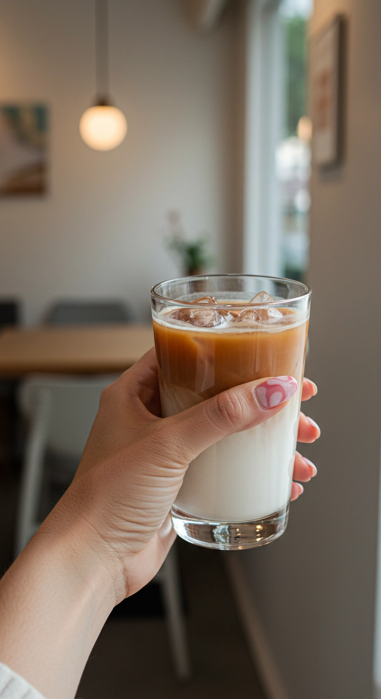 Oval nails with a milky white base and delicate pink and red swirls, resembling a strawberry milkshake.