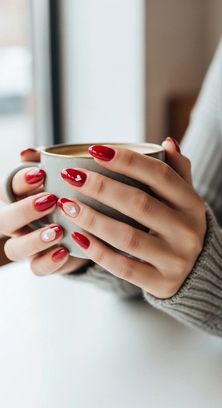 Close-up of almond-shaped nails with a classic ruby red polish and a tiny white heart accent nail.