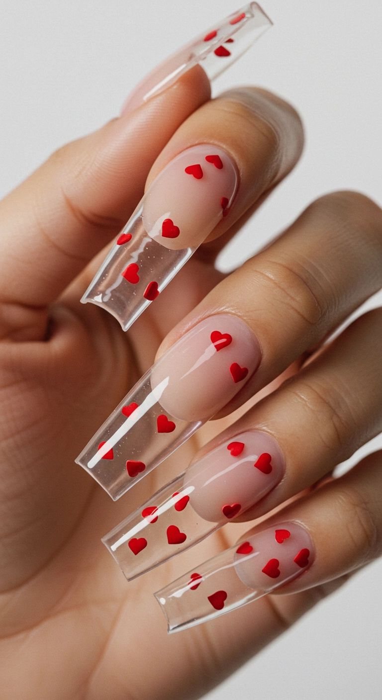 Long, clear coffin nails with tiny red hearts embedded inside, creating a floating effect.
