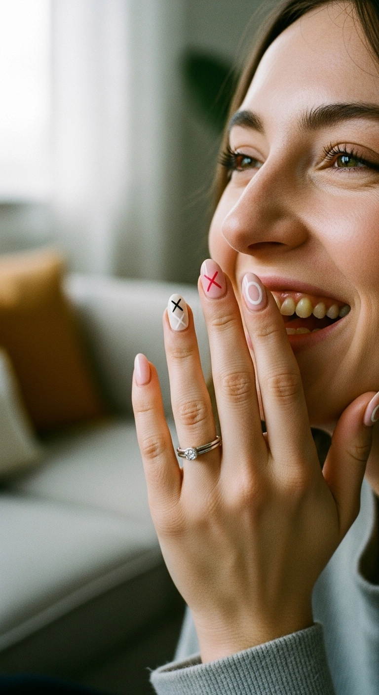 Creamy pink nails with white 'X' and 'O' designs on the accent nails.