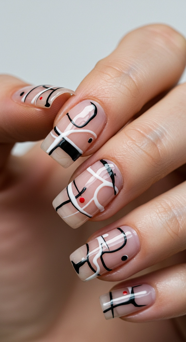 Square nails with a sheer nude base and modern, abstract lines in black, white, and red.