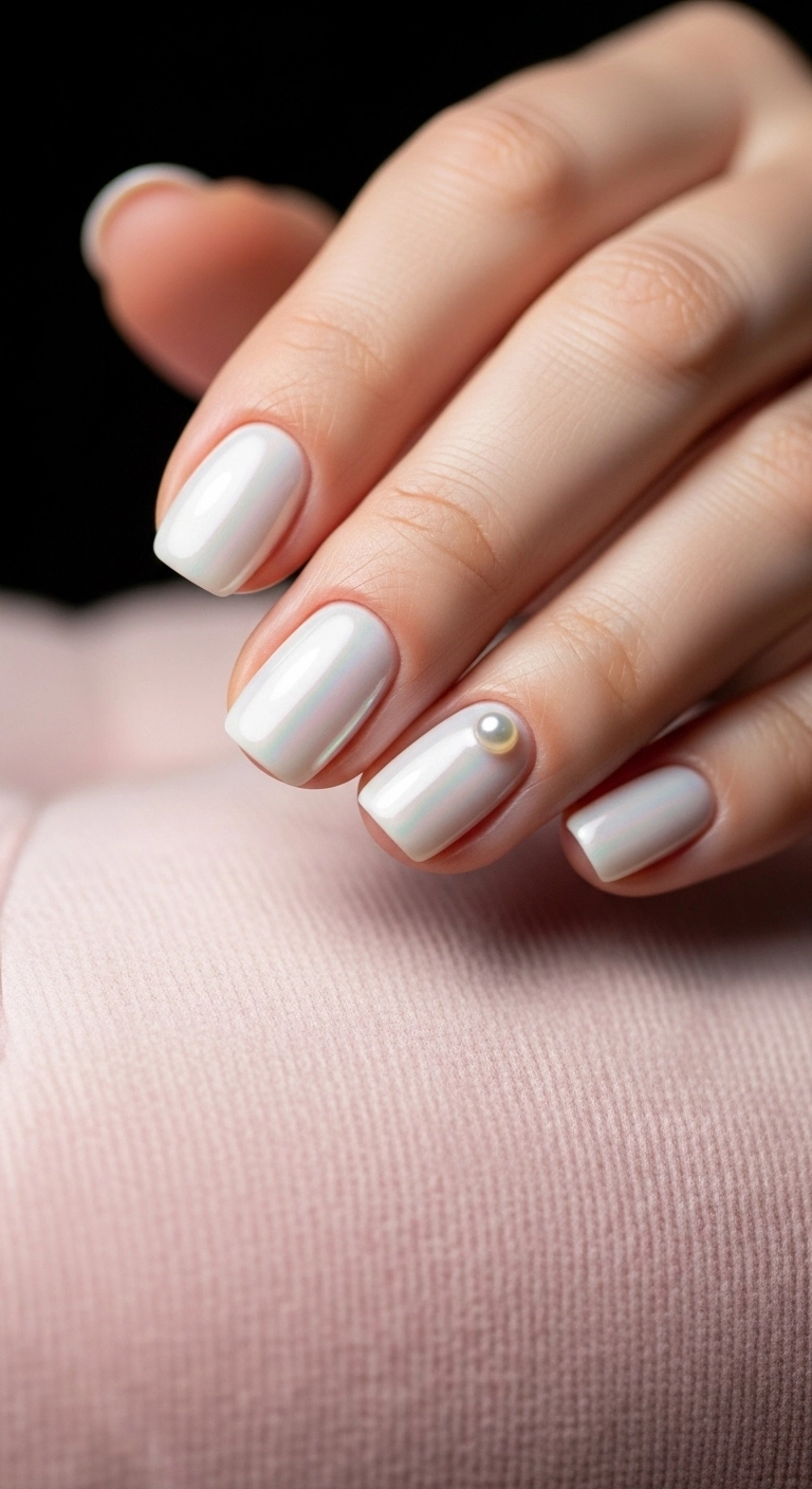 Short, rounded nails with a pearly white polish and a single tiny pearl accent at the base of one nail.
