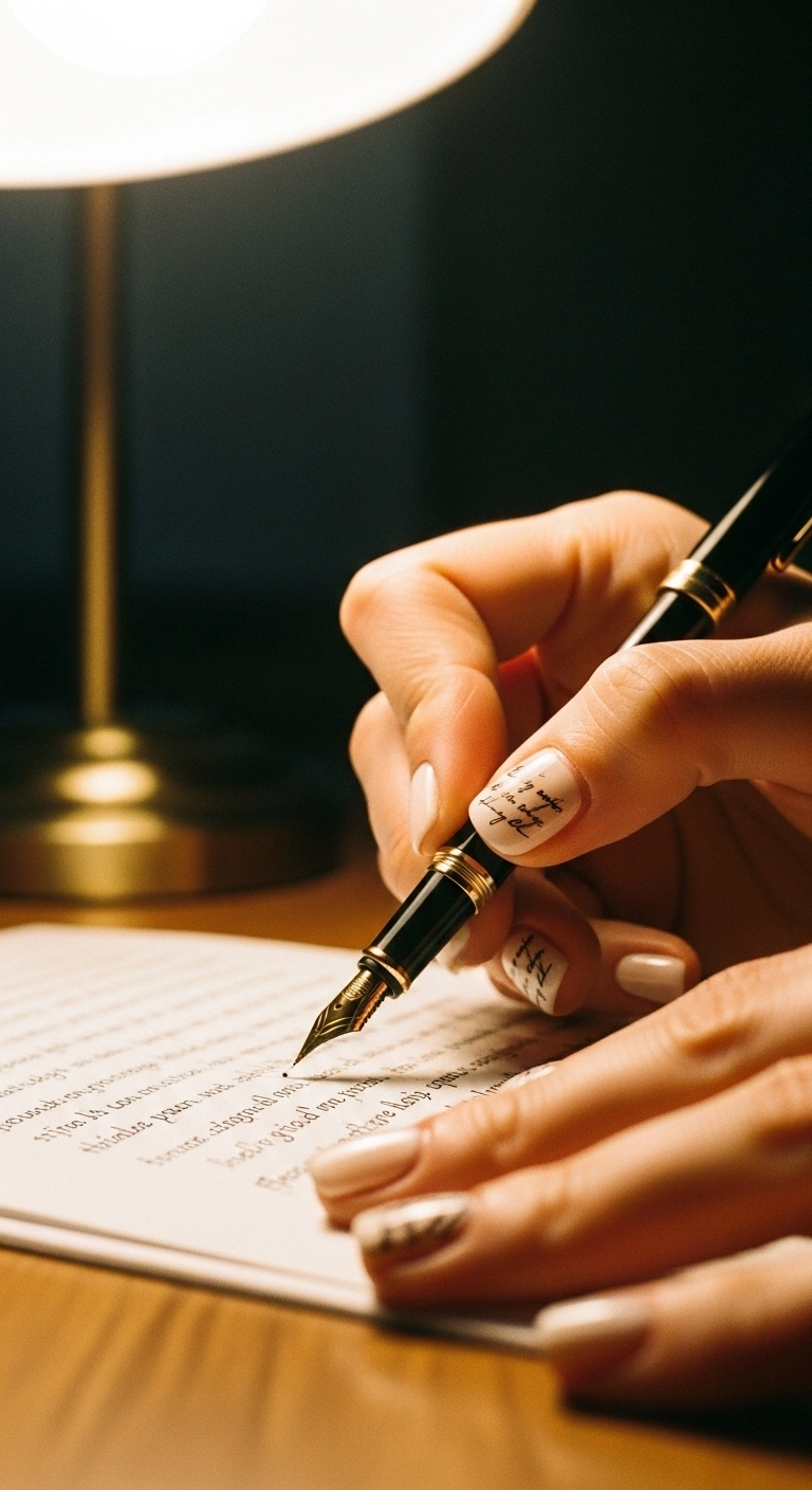 Short off-white nails with an accent nail featuring delicate black script, resembling a love letter.