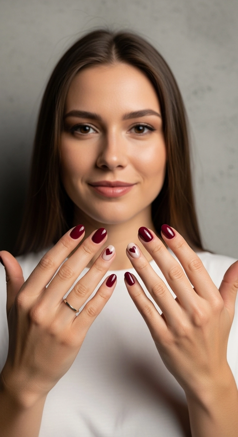 Burgundy nails with a small negative space heart design near the cuticle.