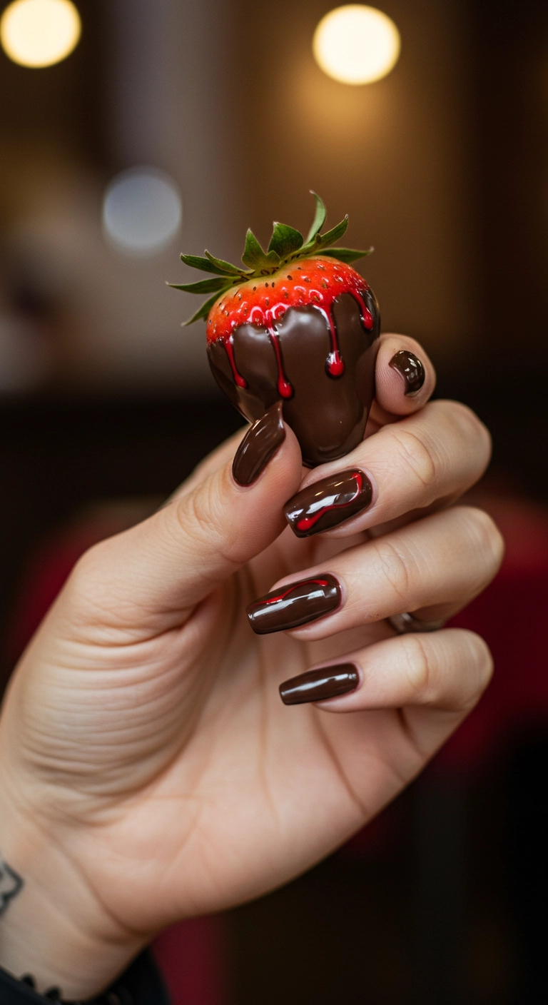Almond-shaped nails painted deep brown with a glossy red drizzle effect from the tips, resembling a chocolate-covered strawberry.