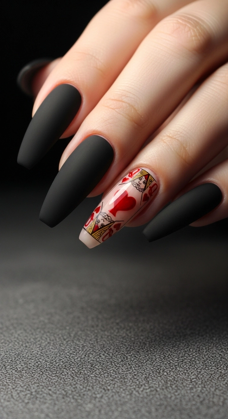 Stiletto nails with matte black polish and a Queen of Hearts playing card symbol on the accent nail.