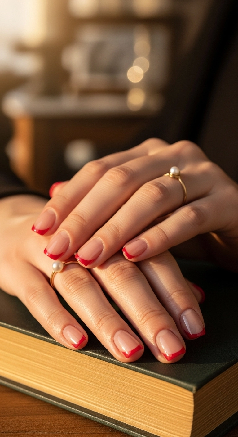 A chic micro French manicure with a thin red tip on short, square nails.