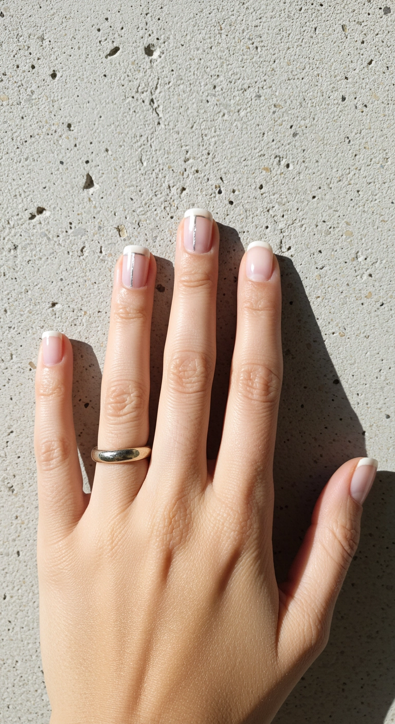 Short milky white nails with a single, minimalist silver line down the center of each nail.