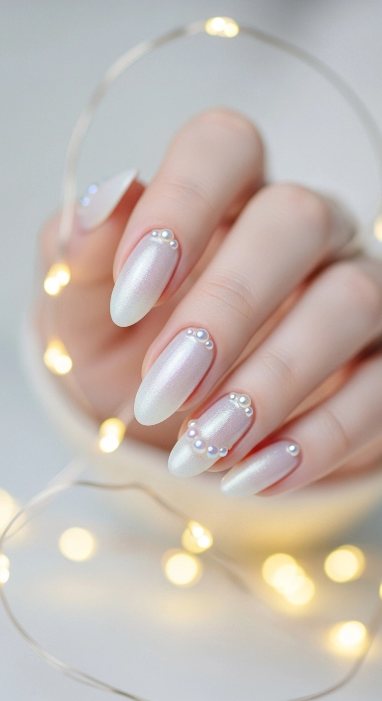 Shimmery white oval nails adorned with a single small pearl at the base of each nail.