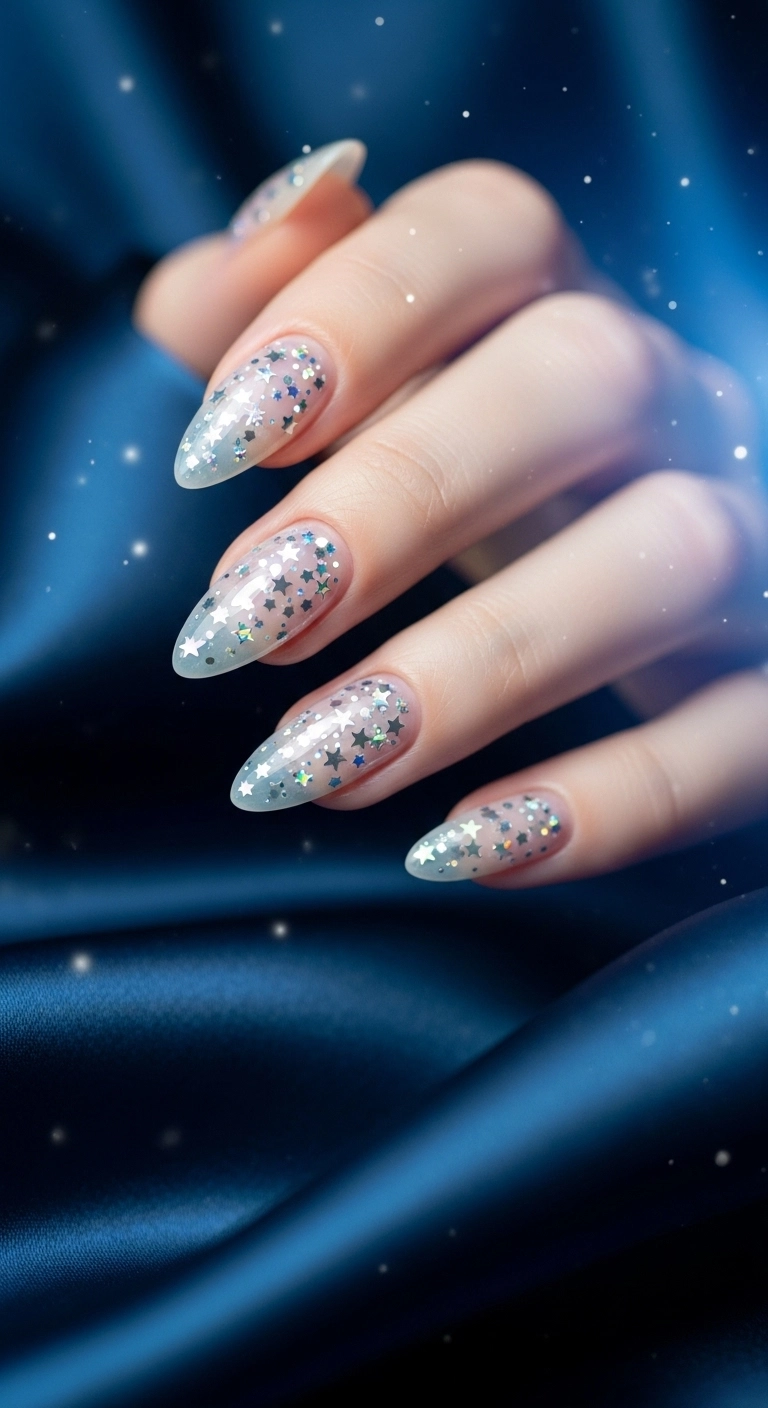 Sheer white nails with tiny, scattered holographic star glitter that looks like a starry night.