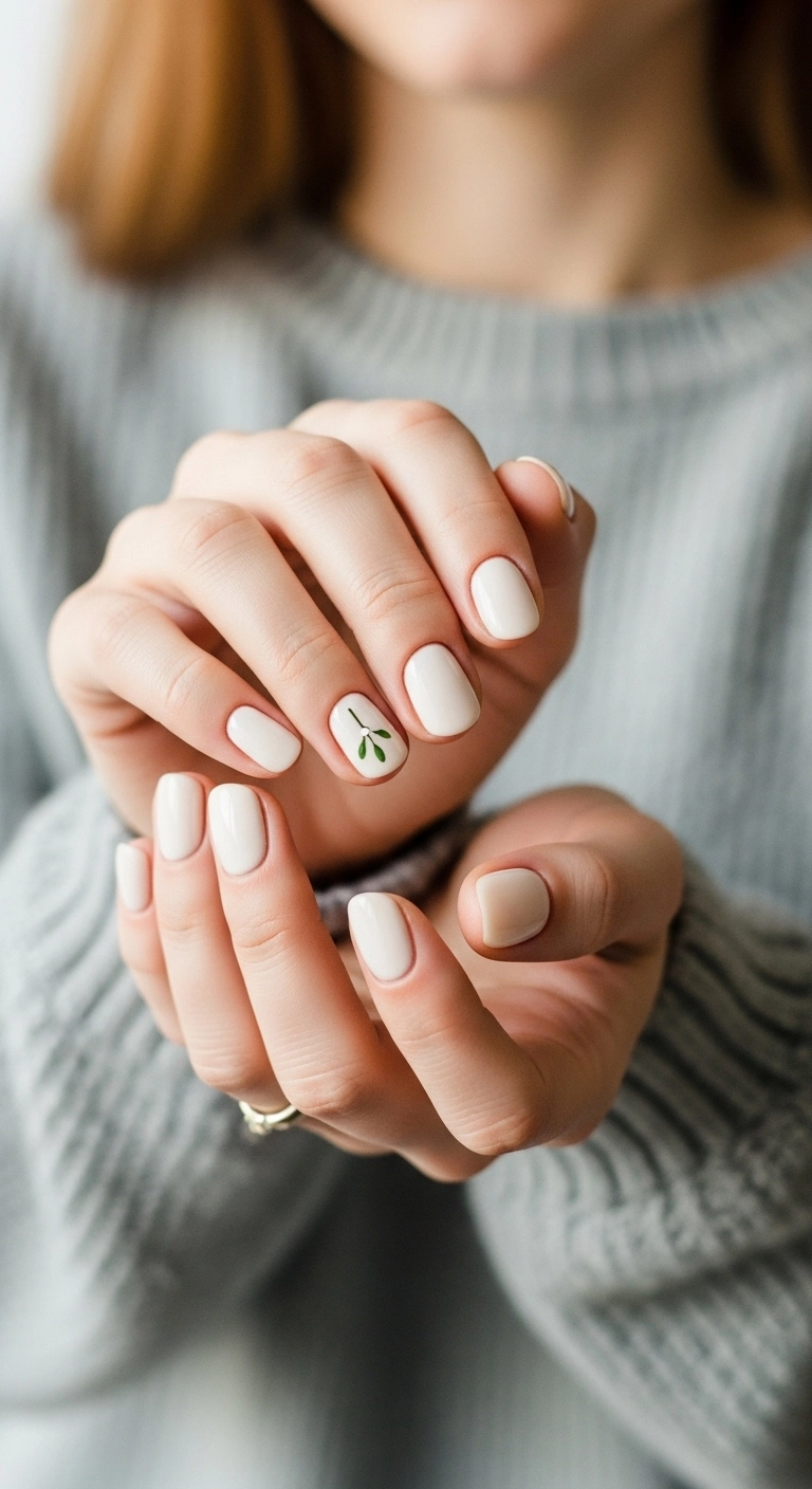 Short off-white nails with a tiny, minimalist mistletoe sprig painted on the pinky finger.