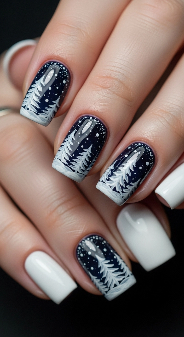 Glossy white nails with two accent nails featuring a hand-painted winter scene with pine trees and snow.
