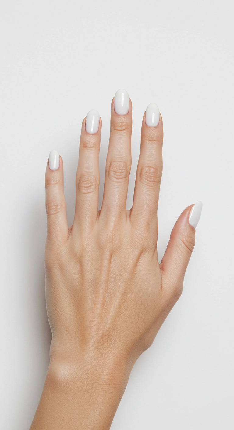 A perfect manicure of short, squoval nails with a classic, high-gloss white polish.