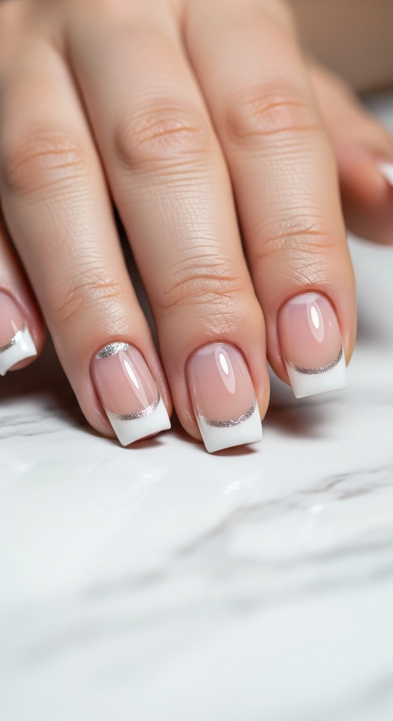 A classic French manicure with white tips, accented by a thin silver glitter line below the tip.