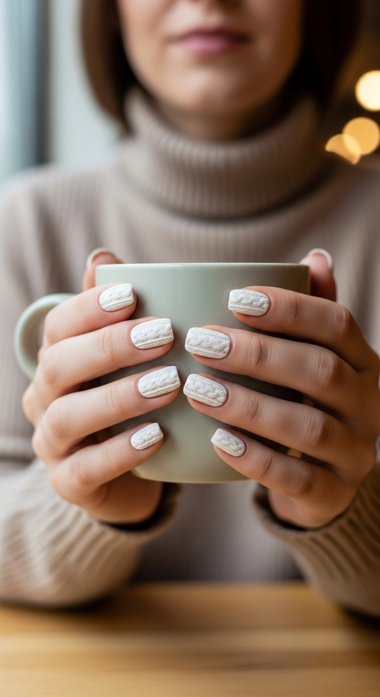 A woman's hands with matte off-white nails featuring a 3D cable knit sweater design, holding a mug.