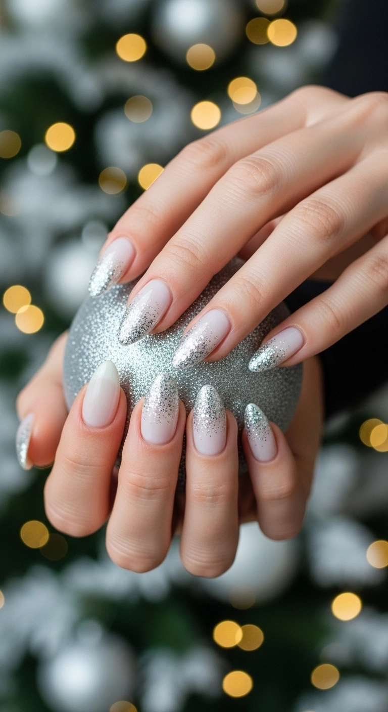Close-up of almond-shaped nails with a white to silver glitter ombre effect, holding a Christmas ornament.