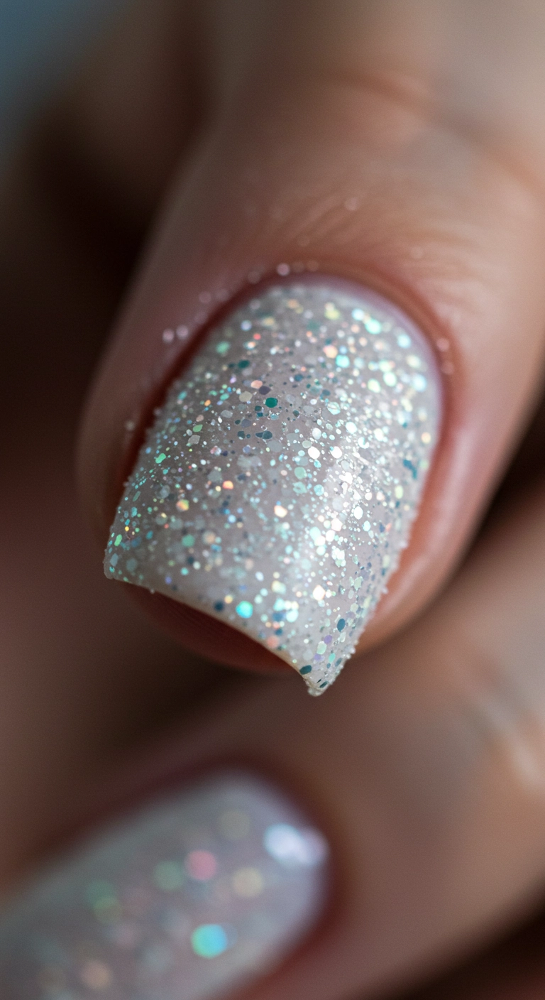 A close-up of white nails with a textured, sparkling