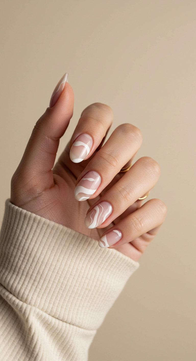 Natural nails with artistic, abstract white swirls creating a negative space design.