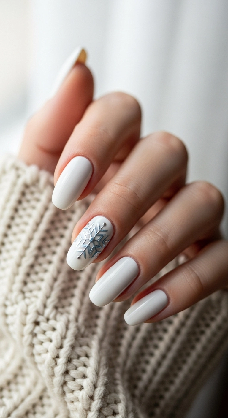 Crisp white squoval nails with a detailed, delicate snowflake painted on the ring finger.