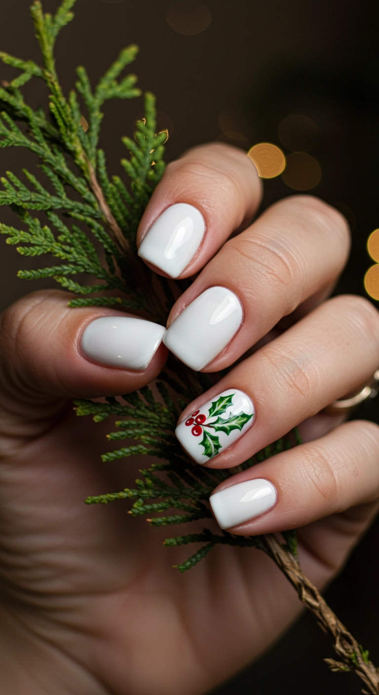 Short white nails with a small, hand-painted sprig of holly and red berries.