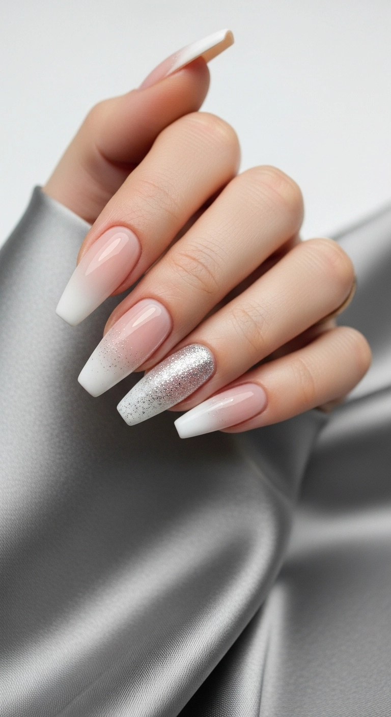 Long ballerina nails with a French ombre (baby boomer) effect, accented with silver glitter at the fade line.