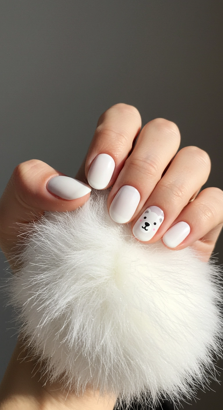 Glossy white nails with a cute, minimalist polar bear face painted on the ring finger.