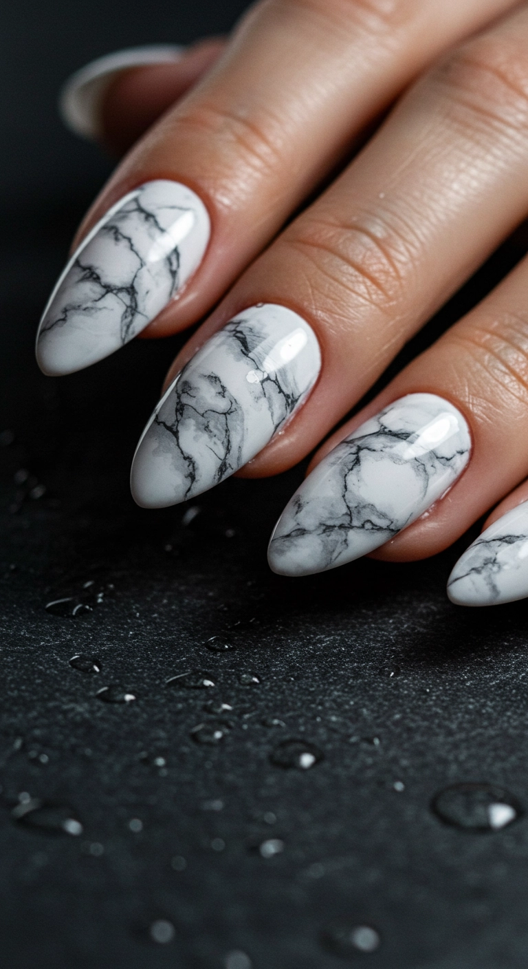Glossy white almond nails with a realistic grey-veined marble stone effect.
