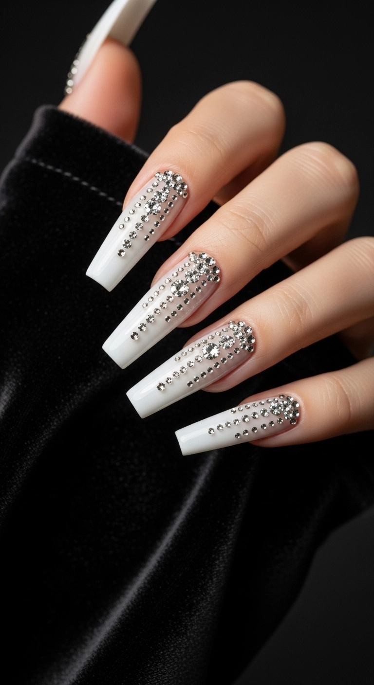 Long milky white nails with a cascade of tiny silver rhinestones arranged like falling snow.
