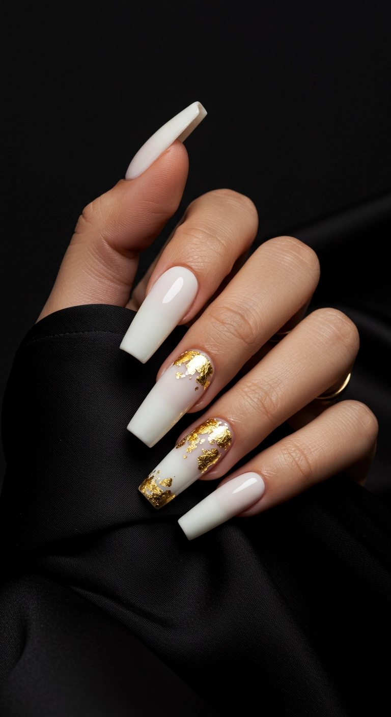 Elegant long white coffin nails accented with delicate pieces of gold foil.