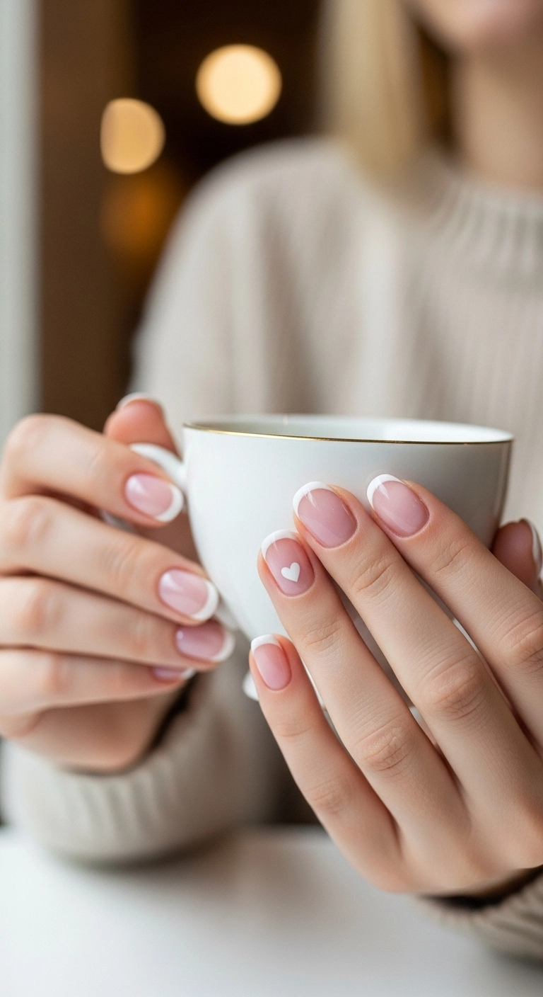 Short round nails with white French tips and a small white heart accent at the cuticle of the ring finger.