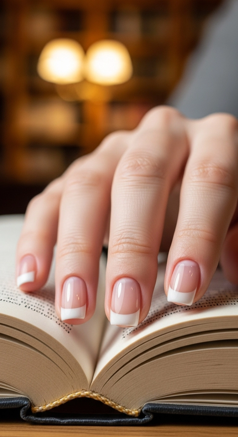 A close-up of short square nails with very thin micro white French tips.
