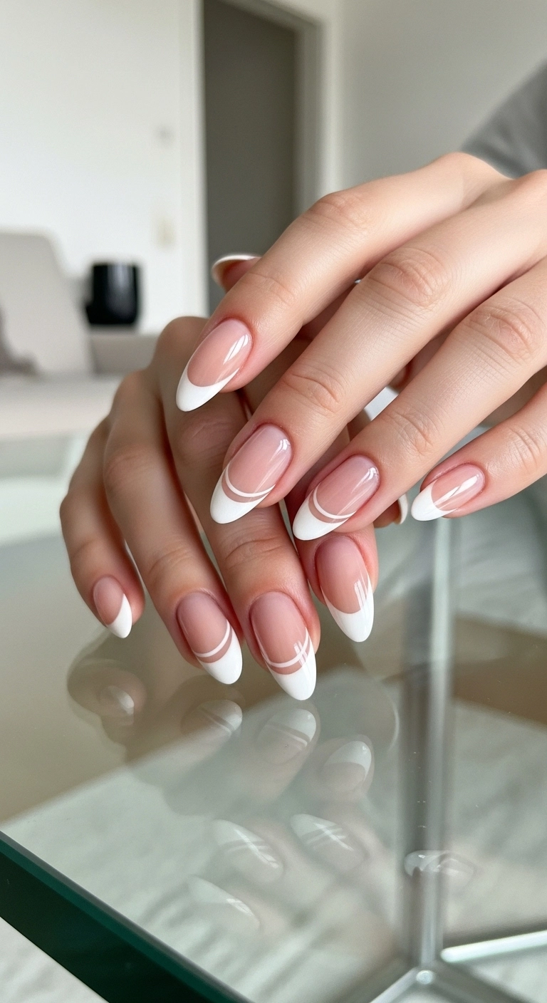 Almond nails with two thin, parallel white lines creating a double French tip.