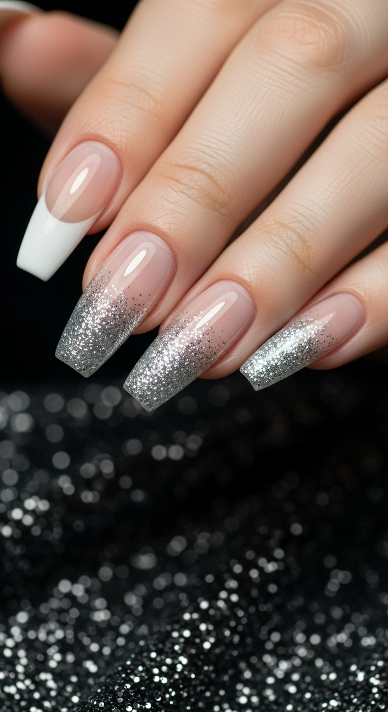 Long stiletto nails with a white French tip that fades into silver glitter.