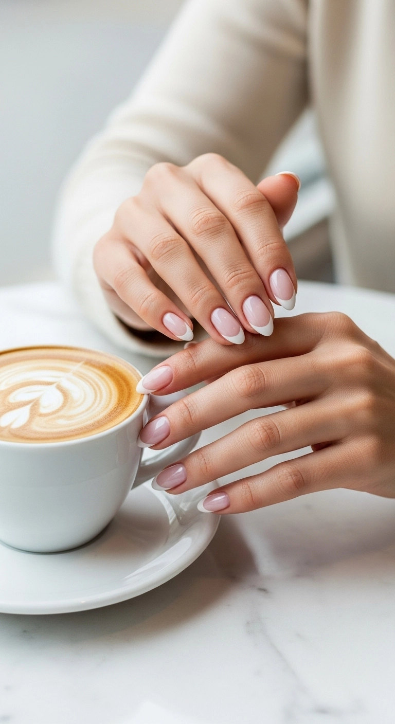 A woman's hands with classic white French tip nails on an almond nail shape.