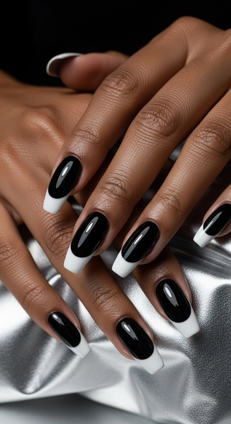 Stiletto nails with a reverse French manicure, featuring a white line along the cuticle on a black base.