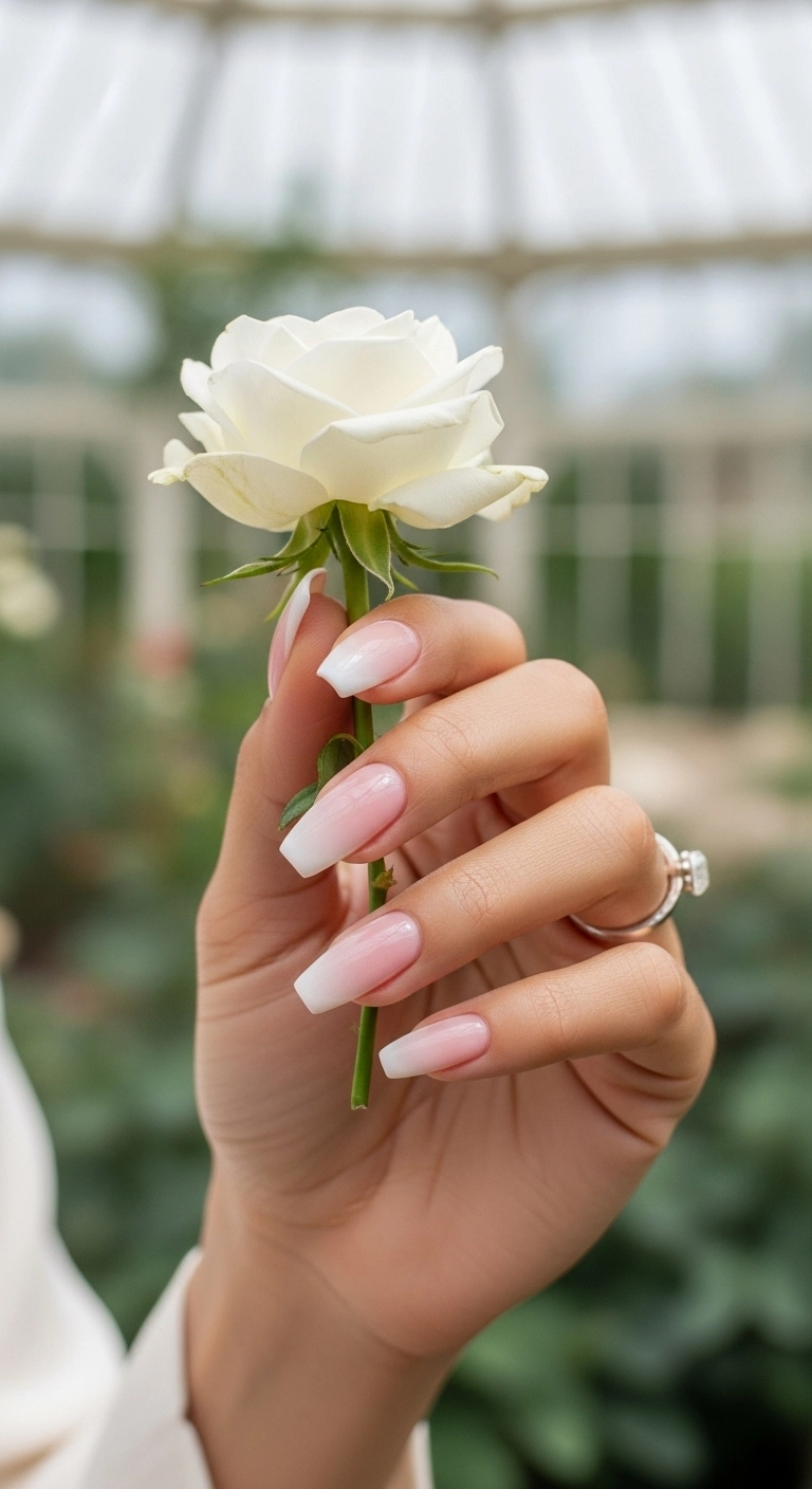 Coffin-shaped nails with a seamless ombré blend from a pink base to a soft white tip.