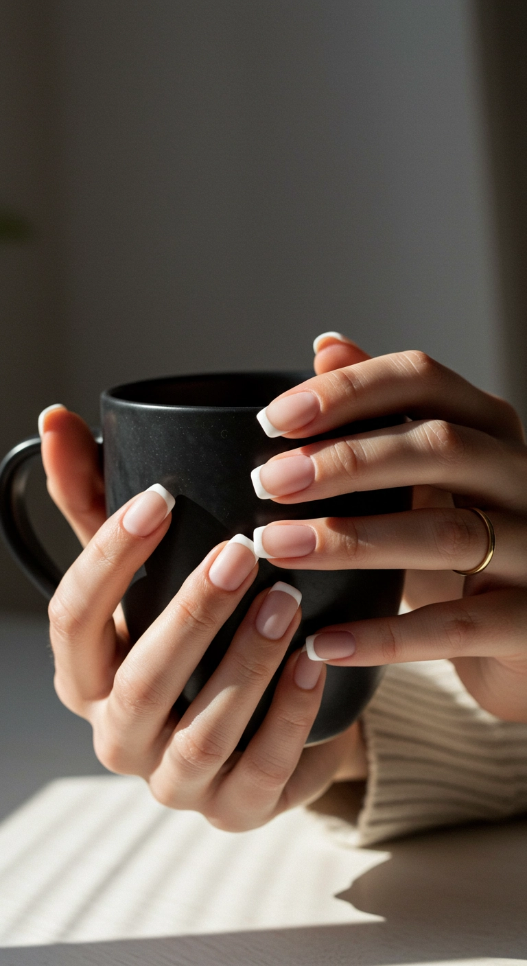 Square nails with a matte nude base and a glossy white French tip.