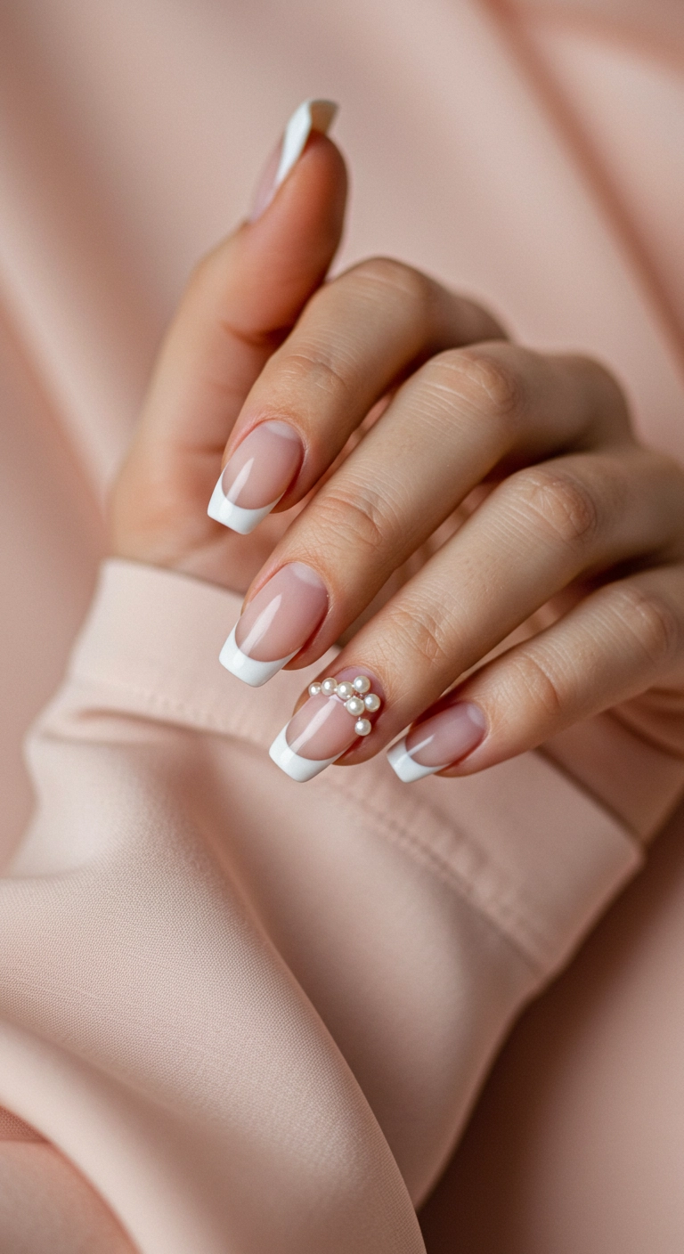 Almond-shaped white French tip nails with tiny pearl accents on the ring finger.