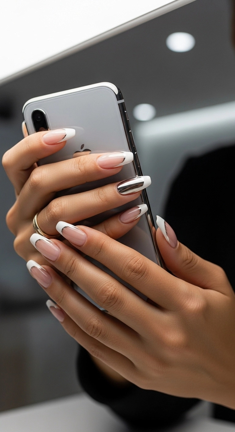 Squoval nails with a classic French manicure but the white tips have a metallic chrome finish.