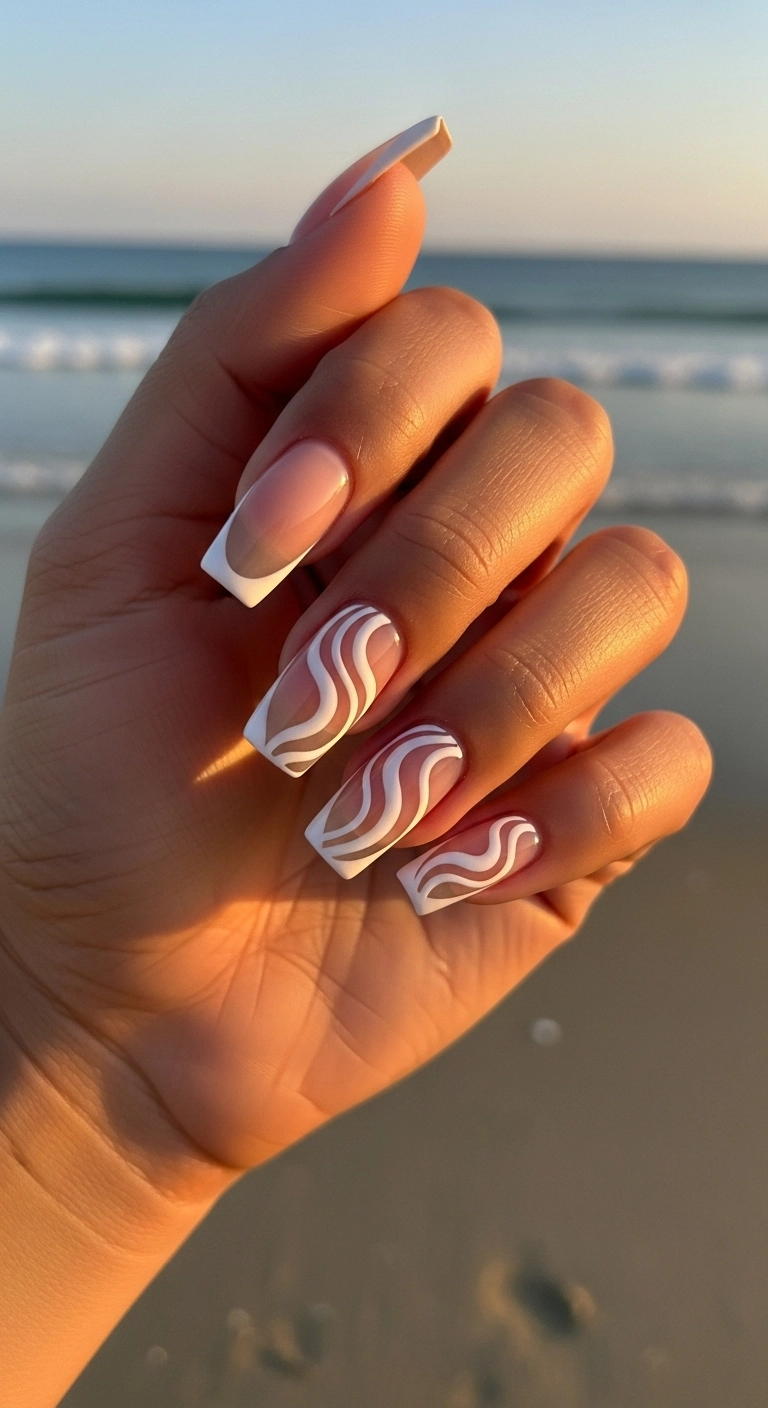 Squoval nails with a wavy, fluid white French tip design on a nude base.