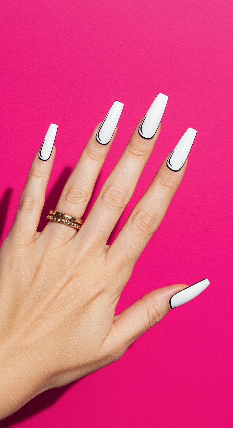 Long white coffin nails with a thin black outline around the edges.