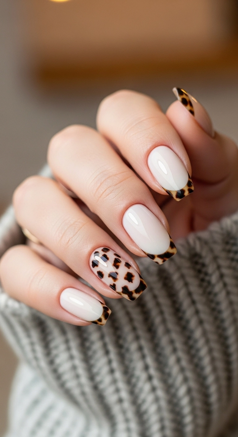 Off-white squoval nails with a classic tortoiseshell pattern on the tips.