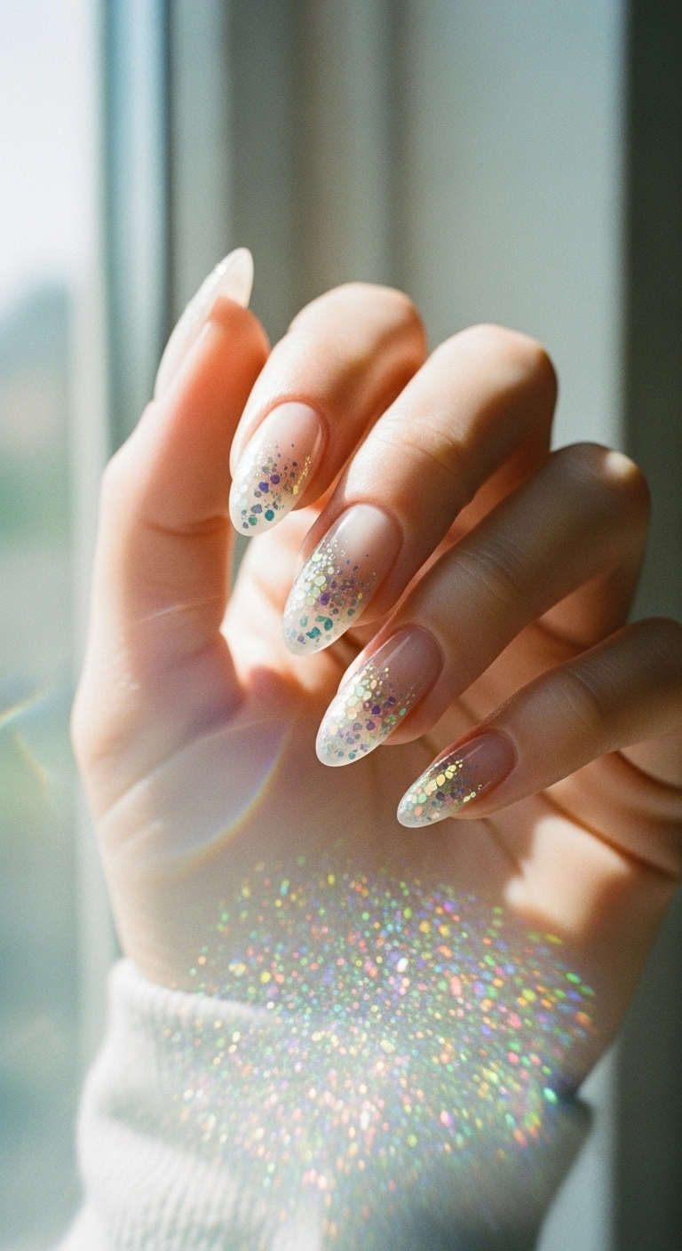 Sheer white nails with iridescent, chunky glitter at the base of the nail.