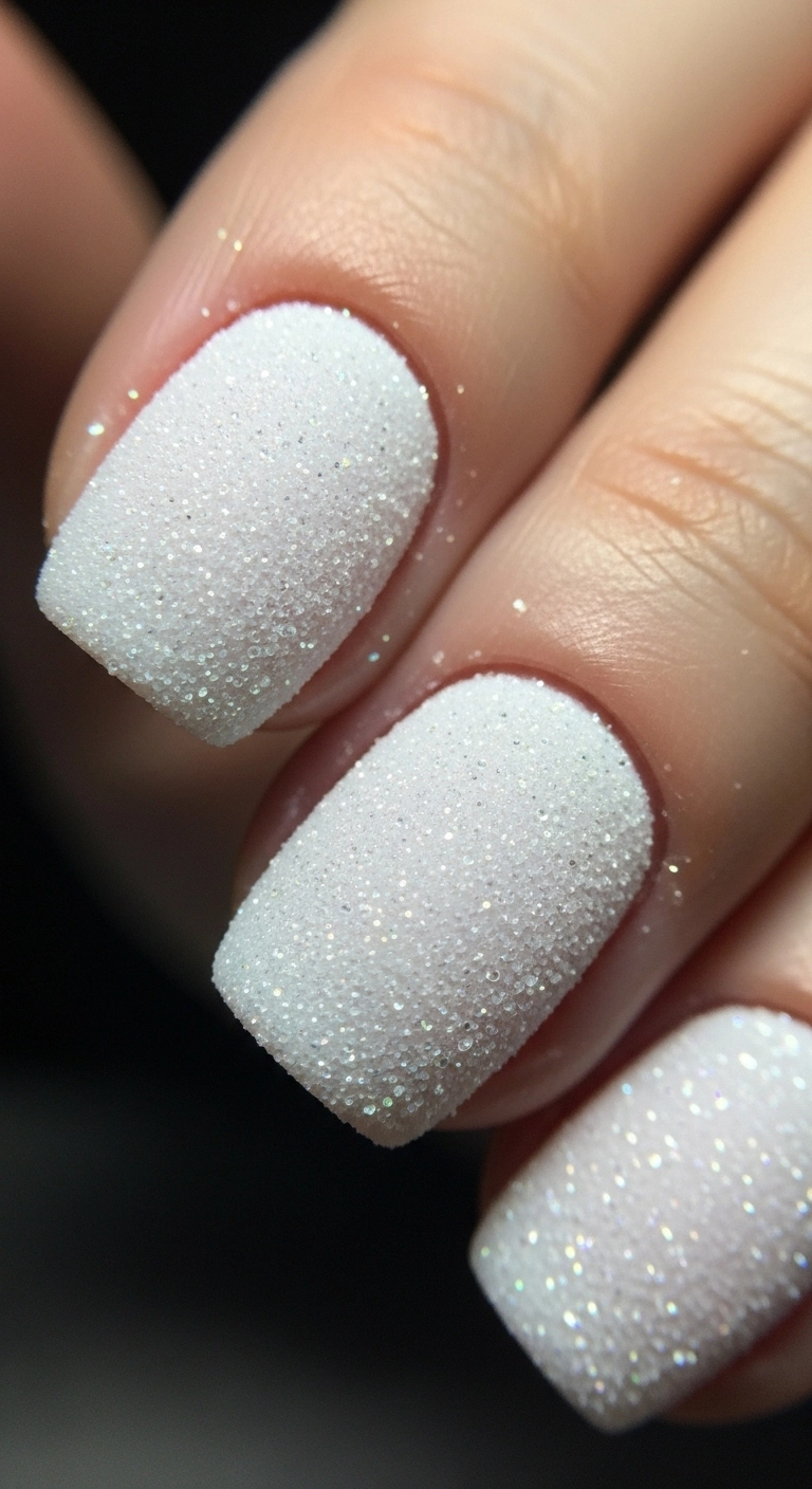 A macro shot of short white nails with a textured, sparkling 