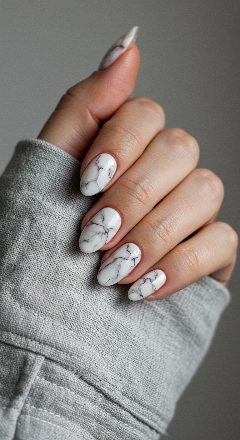 A woman's squoval nails with a realistic white and grey marble design.
